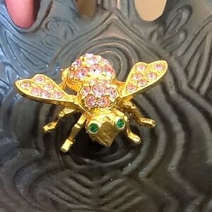 Vintage Joan Rivers Gold Pink Rhinestone Bee Brooch